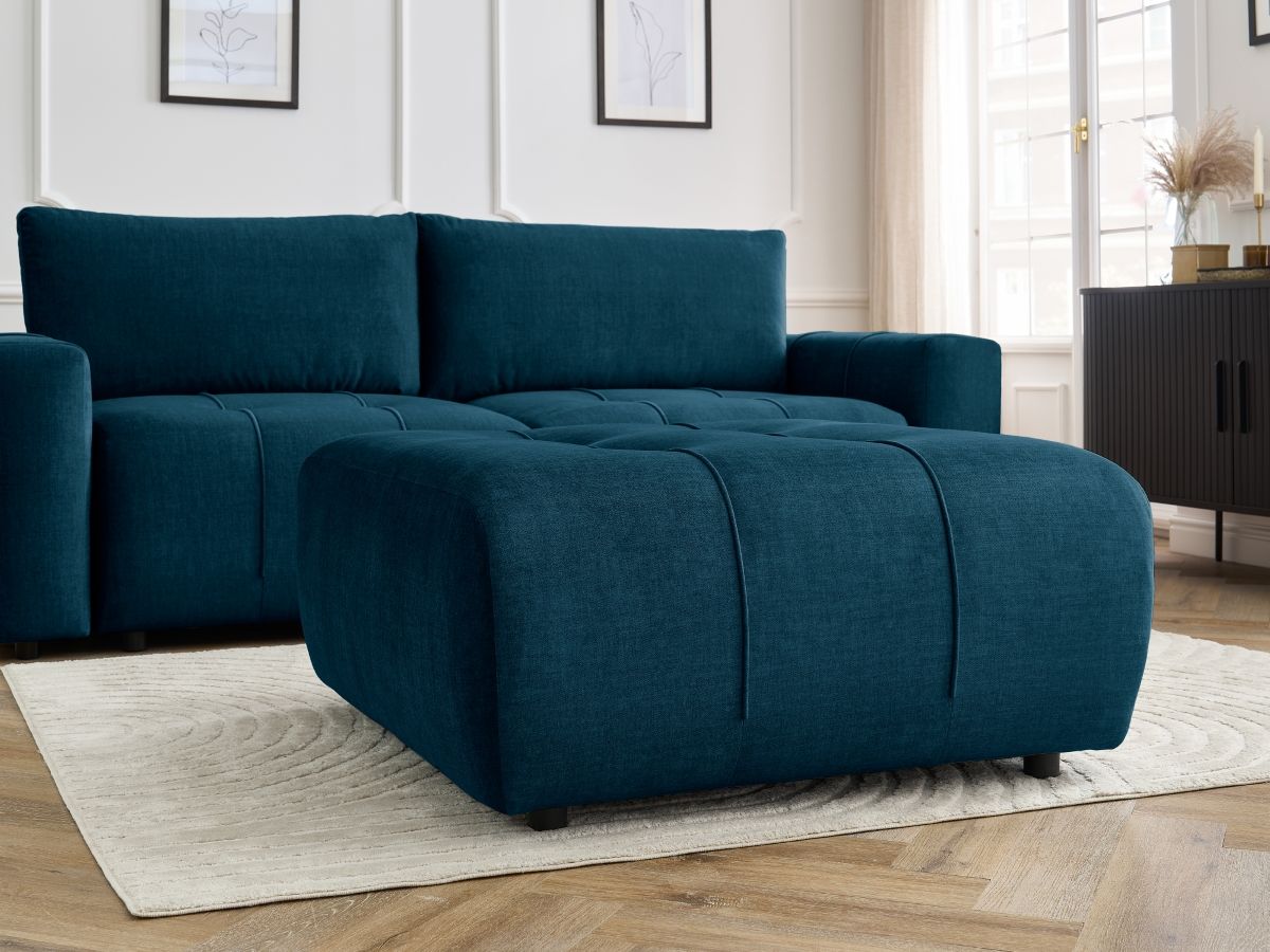 Bobochic Arsene Schlafsofa 4-Sitzer mit Bettkasten und Pouf Samt Blau