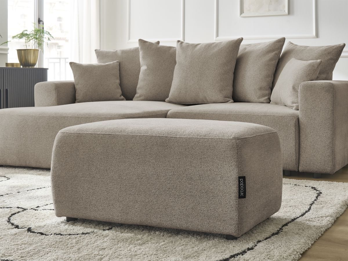 Bobochic Atilla Ecksofa mit Schlaffunktion und Bettkasten und Pouf Melange-Stoff Taupe Ecke links