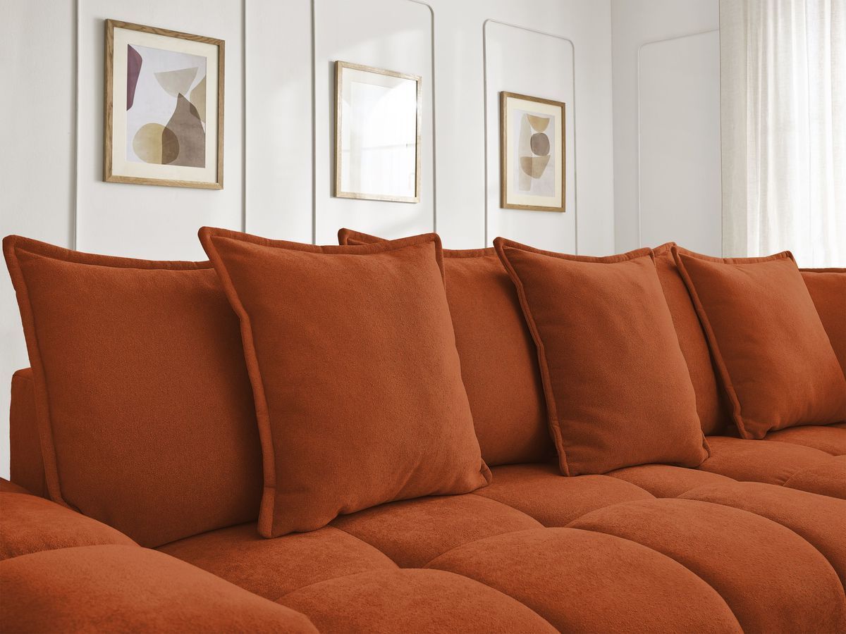 Bobochic Everest Ecksofa mit Schlaffunktion und Bettkasten 320 × 212 cm, 10 Kissen Strukturstoff Orange Ecke rechts