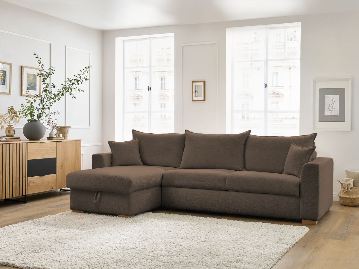 Bobochic Augustin Ecksofa mit Schlaffunktion und Bettkasten Bouclé-Stoff Braun, Liegefläche 140 × 200 cm