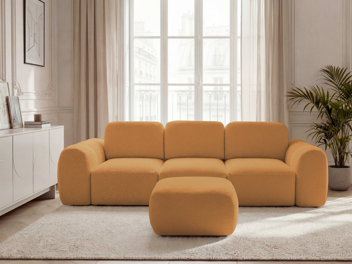 Bobochic Montaigne Schlafsofa 3-Sitzer mit Bettkasten und Pouf Bouclé-Stoff Gelb