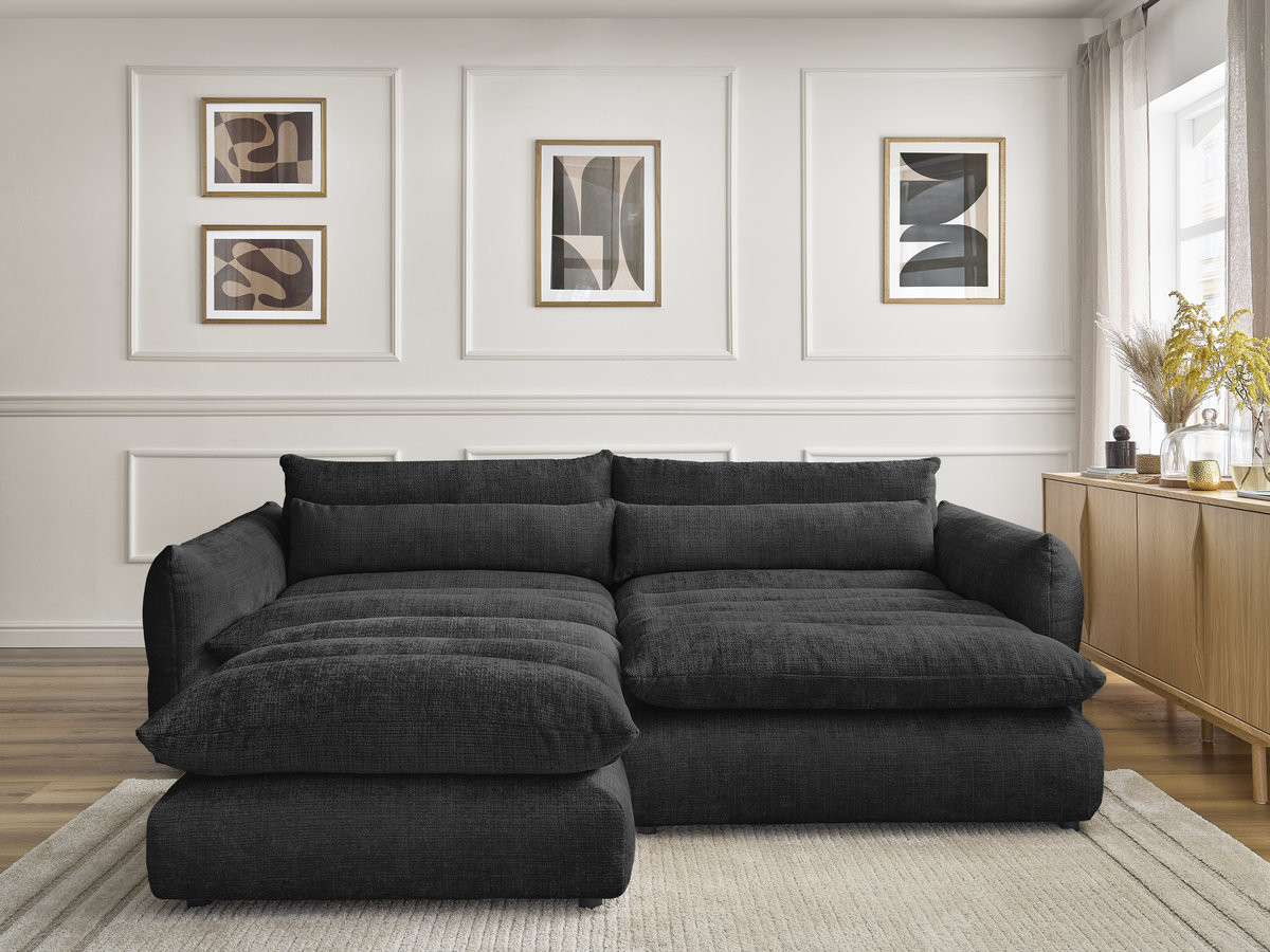 Bobochic Neil Ecksofa mit Pouf Strukturstoff Schwarz Ecke rechts