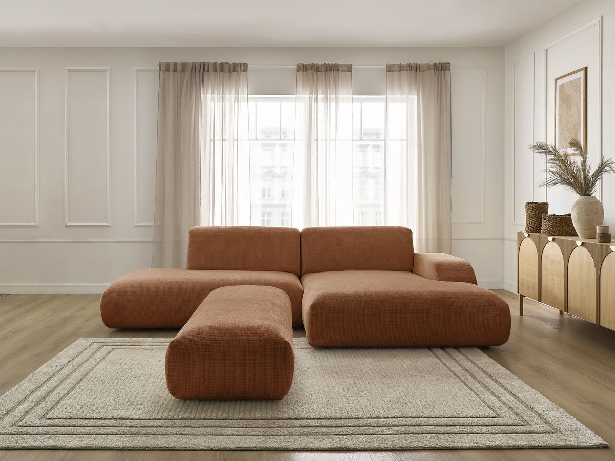 Bobochic Sirius Ecksofa mit Pouf 300 × 170 cm Strukturstoff Orange Ecke rechts