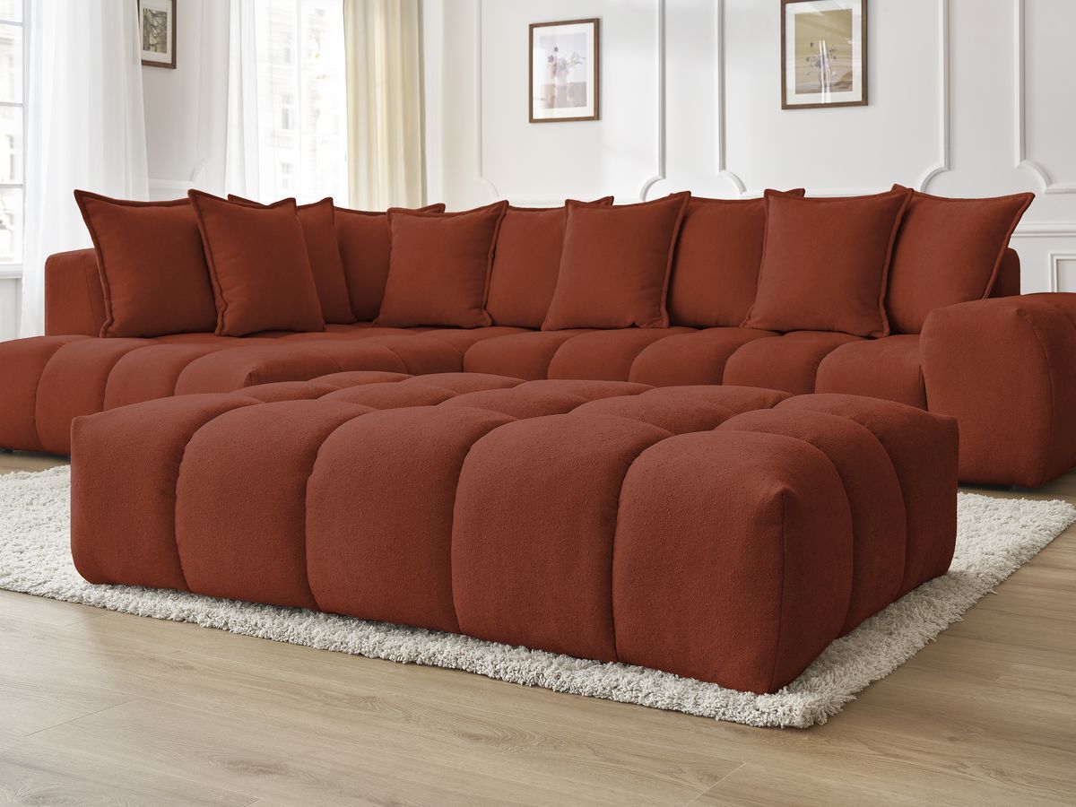 Bobochic Everest Ecksofa mit Schlaffunktion und Pouf, 10 Kissen Strukturstoff Orange Ecke links