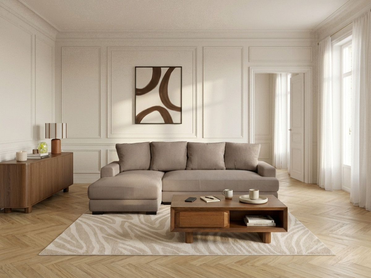 Bobochic Campi Ecksofa mit Schlaffunktion und Bettkasten Cordsamt Taupe Ecke links
