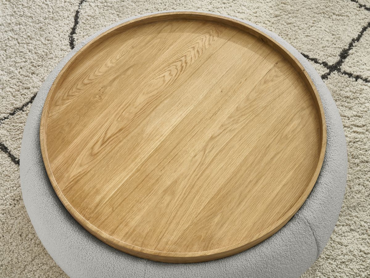 Bobochic Hayden Pouf mit Tablett, rund Bouclé-Stoff Hellgrau, 87 cm