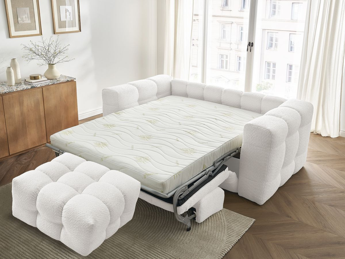 Bobochic Cloud Schlafsofa 3-Sitzer mit Pouf Bouclé-Stoff Weiß