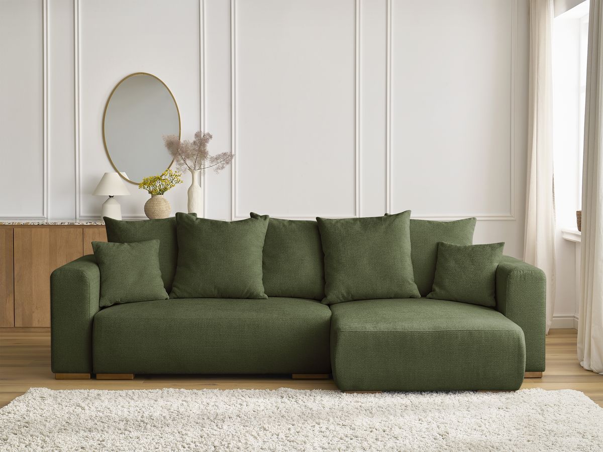 Bobochic Sidonie Ecksofa mit Schlaffunktion und Bettkasten Melange-Stoff Grün