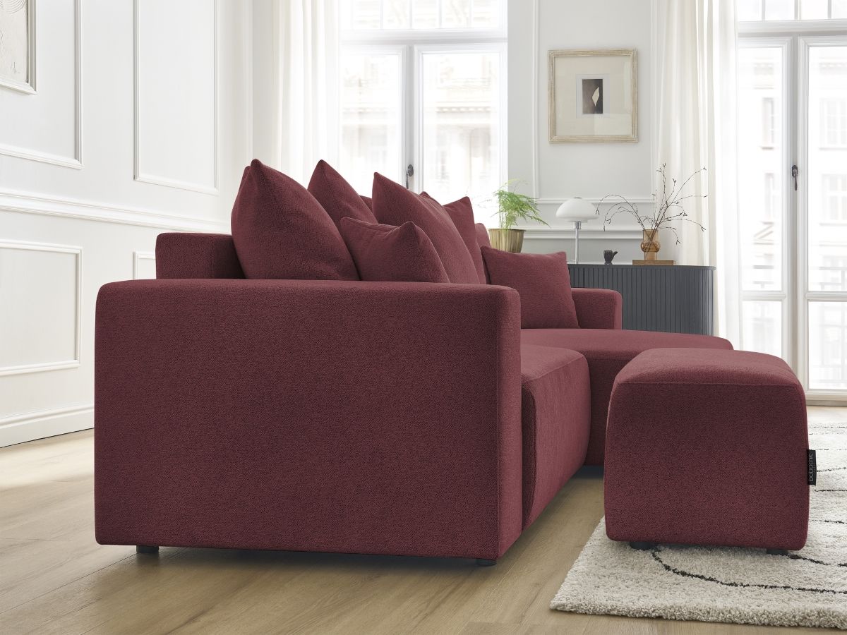 Bobochic Atilla Ecksofa mit Schlaffunktion und Bettkasten und Pouf Melange-Stoff Rot Ecke rechts