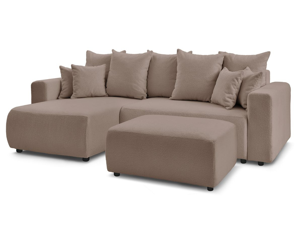 Bobochic Envy Ecksofa mit Schlaffunktion und Bettkasten und rechteckigem Pouf Bouclé-Stoff Braun