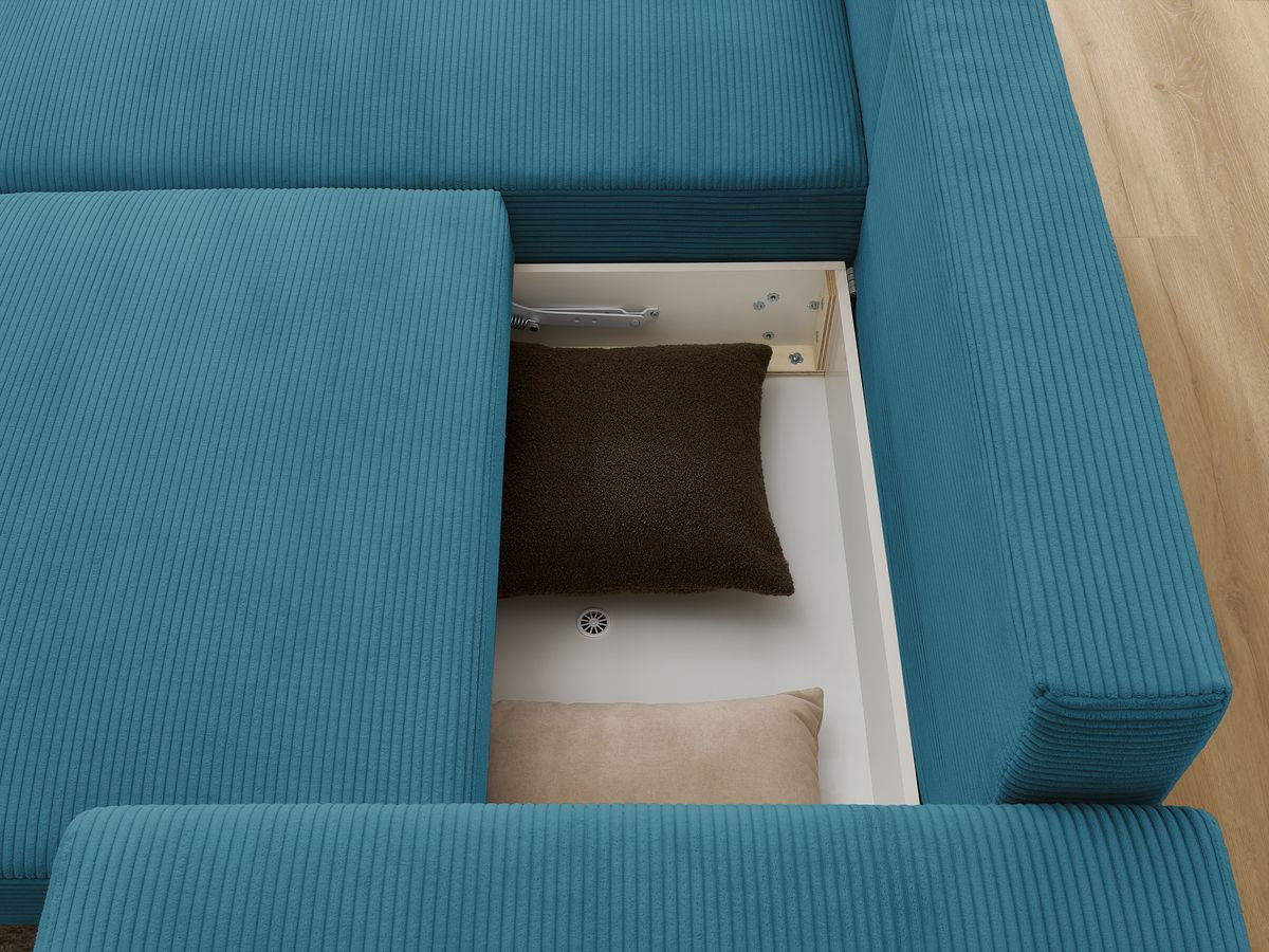 Bobochic Atilla Ecksofa mit Schlaffunktion und Bettkasten und Pouf Cordsamt Hellblau Ecke links