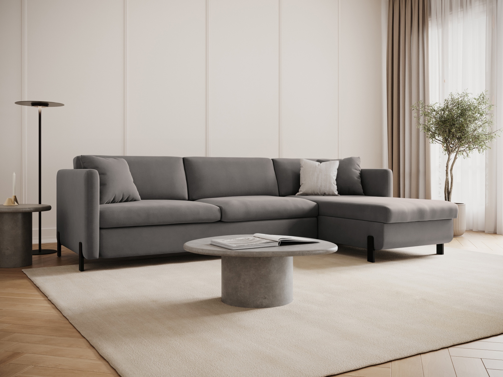 Micadoni Schlaf-Ecksofa Gloria 5-Sitzer Rechts Samt Grau 205x160