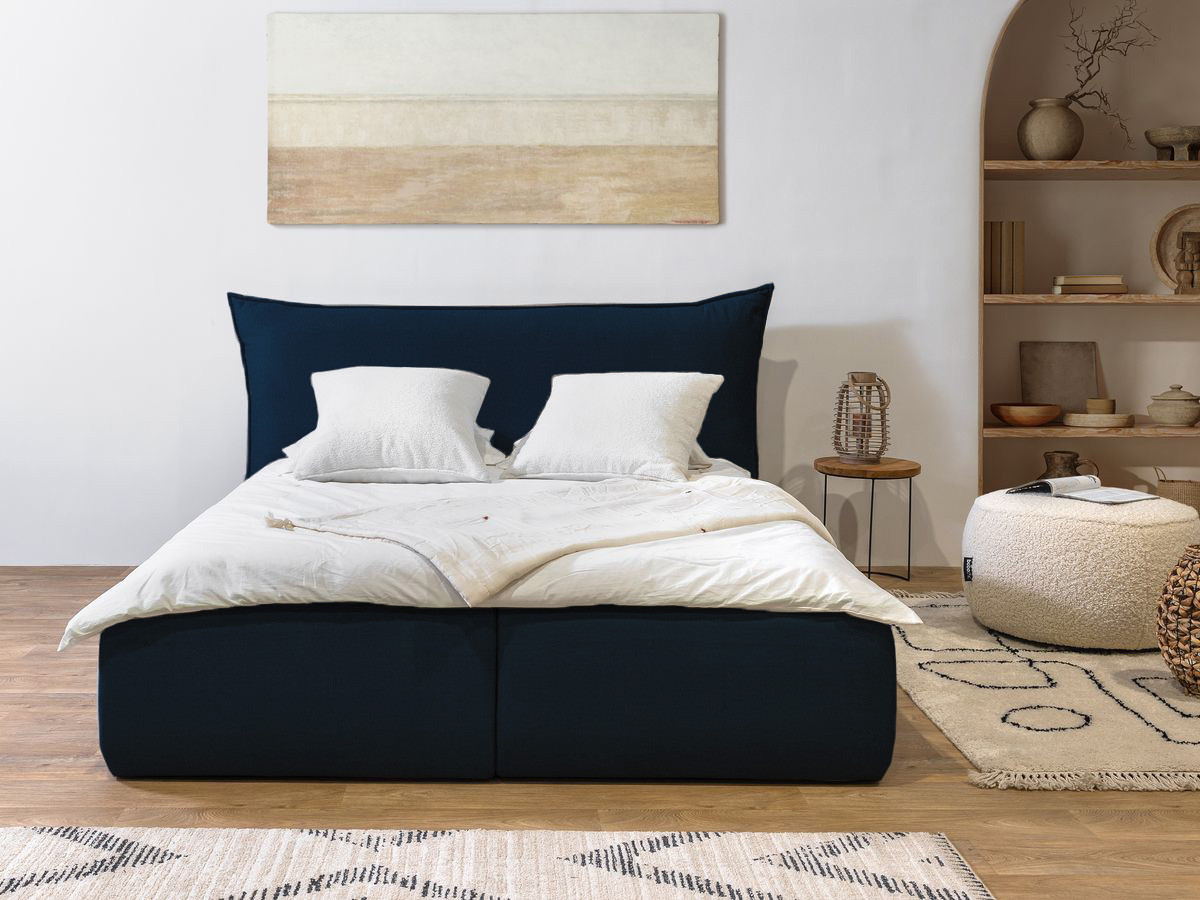 Bobochic Jade Polsterbett mit Bettkasten Stoff Blau, Liegefläche 140 × 190 cm