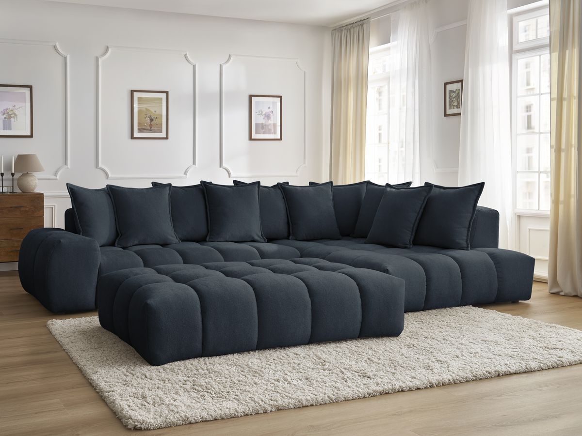 Bobochic Everest Ecksofa mit Schlaffunktion und Pouf, 10 Kissen Strukturstoff Dunkelblau Ecke rechts