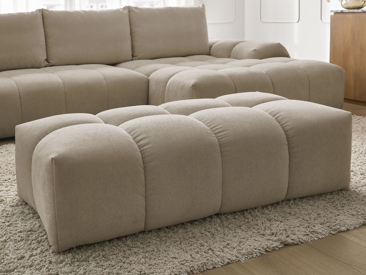 Bobochic Everest Ecksofa mit Schlaffunktion und Bettkasten und Pouf 318 × 180 cm, 3 Kissen Strukturstoff Taupe Ecke rechts