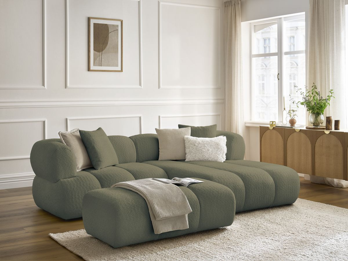 Bobochic Pamira Ecksofa mit Pouf Bouclé-Stoff Grün Ecke rechts