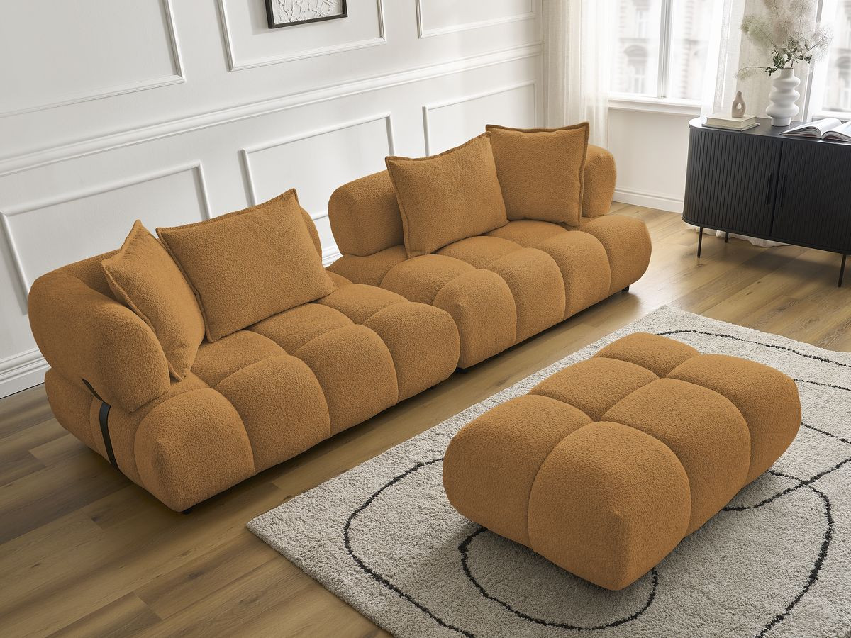 Bobochic Alya Sofa 4-Sitzer mit Pouf Bouclé-Stoff Gelb