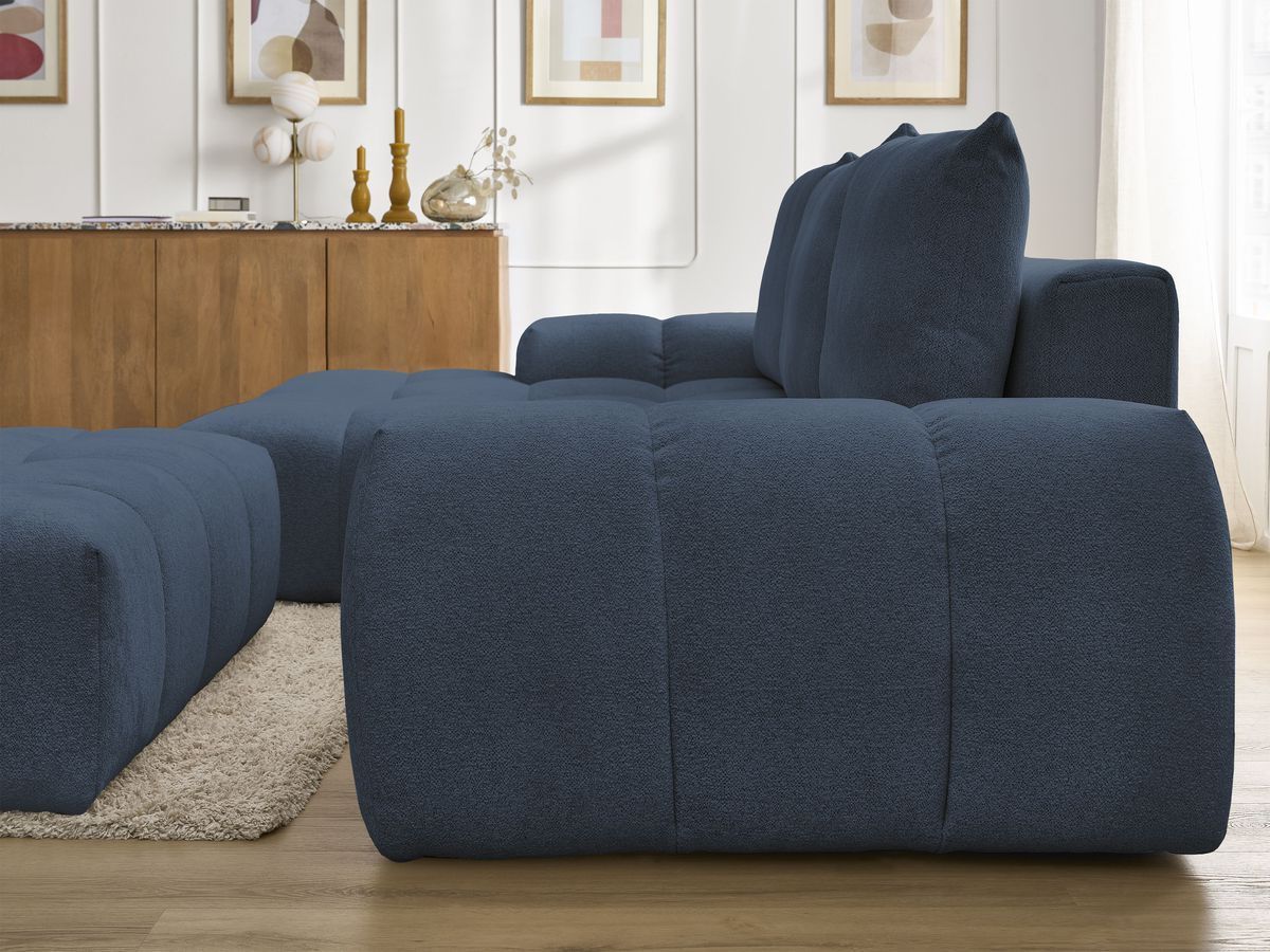 Bobochic Everest Ecksofa mit Schlaffunktion und Bettkasten und Pouf 318 × 180 cm, 3 Kissen Melange-Stoff Dunkelblau Ecke links
