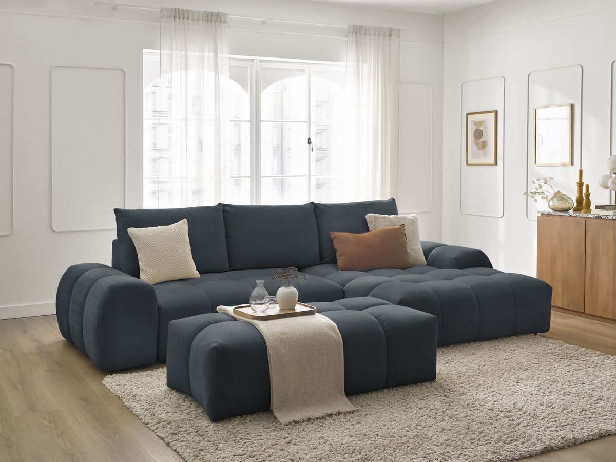 Bobochic Everest Ecksofa mit Schlaffunktion und Bettkasten und Pouf 318 × 180 cm, 3 Kissen Strukturstoff Blau Ecke rechts
