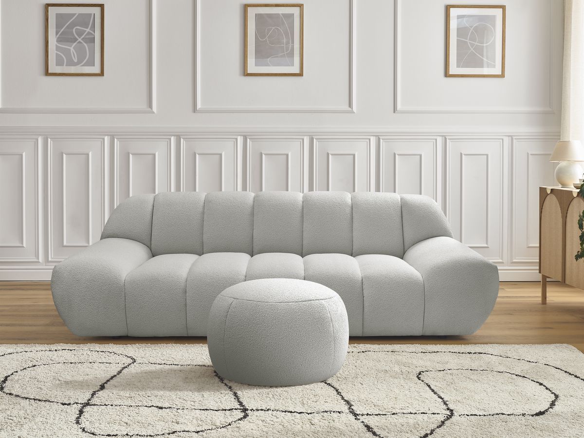 Bobochic Hayden Sofa 3-Sitzer mit Pouf 226 × 107 cm Bouclé-Stoff Hellgrau