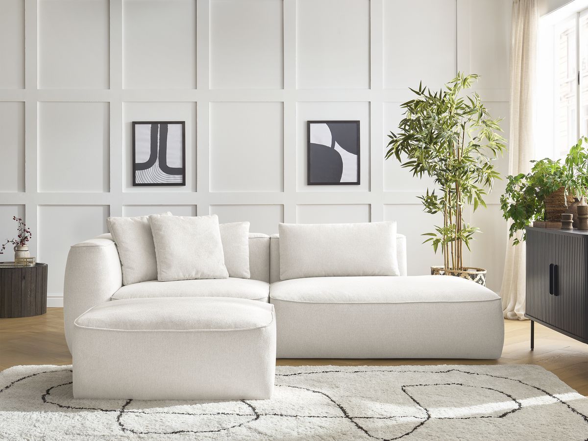 Bobochic Leopold Sofa 4-Sitzer mit Pouf Melange-Stoff Weiß Armlehne links