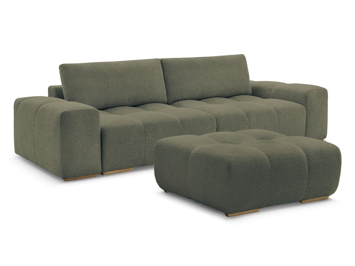 Bobochic Anakin Schlafsofa 3-Sitzer mit Bettkasten und Pouf, 2 Kissen Bouclé-Stoff Grün