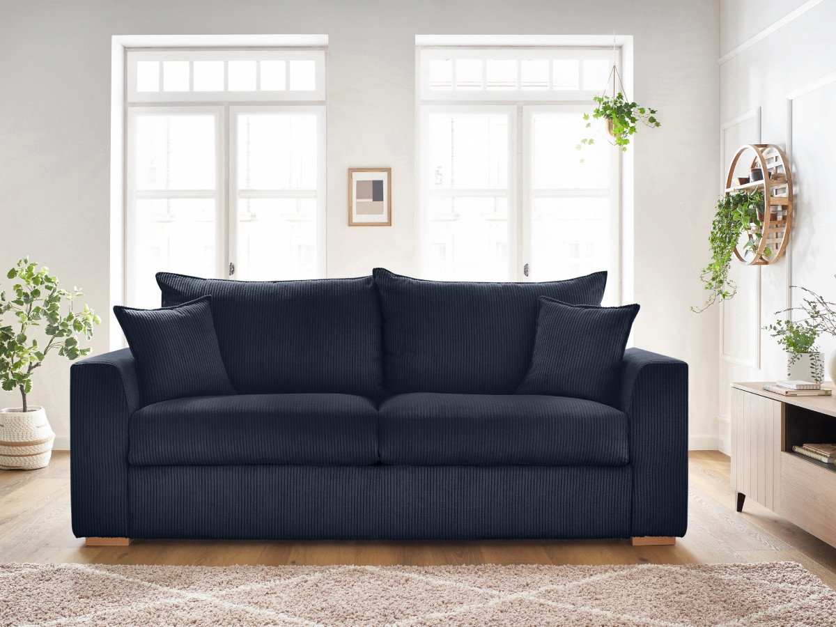 Bobochic Augustin Schlafsofa 3-Sitzer Cordsamt Dunkelblau, Liegefläche 140 × 200 cm