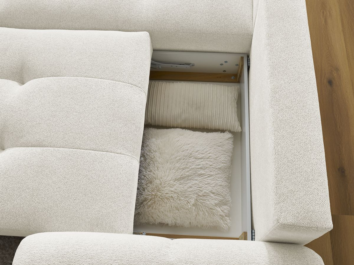 Bobochic Roxelane Ecksofa mit Schlaffunktion und Bettkasten und Pouf 258 × 150 cm Melange-Stoff Weiß Ecke links