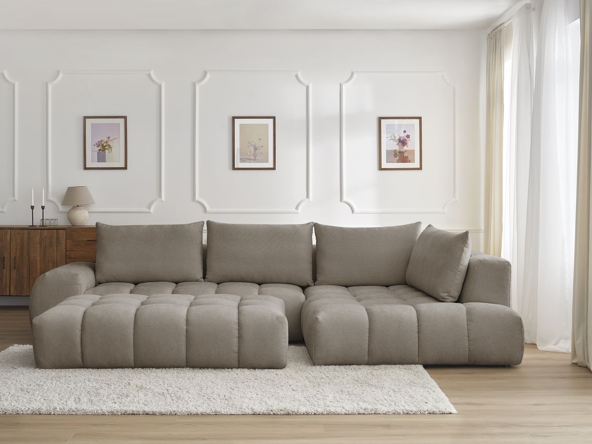 Bobochic Everest Ecksofa mit Schlaffunktion und Pouf, 4 Kissen Strukturstoff Taupe Ecke rechts
