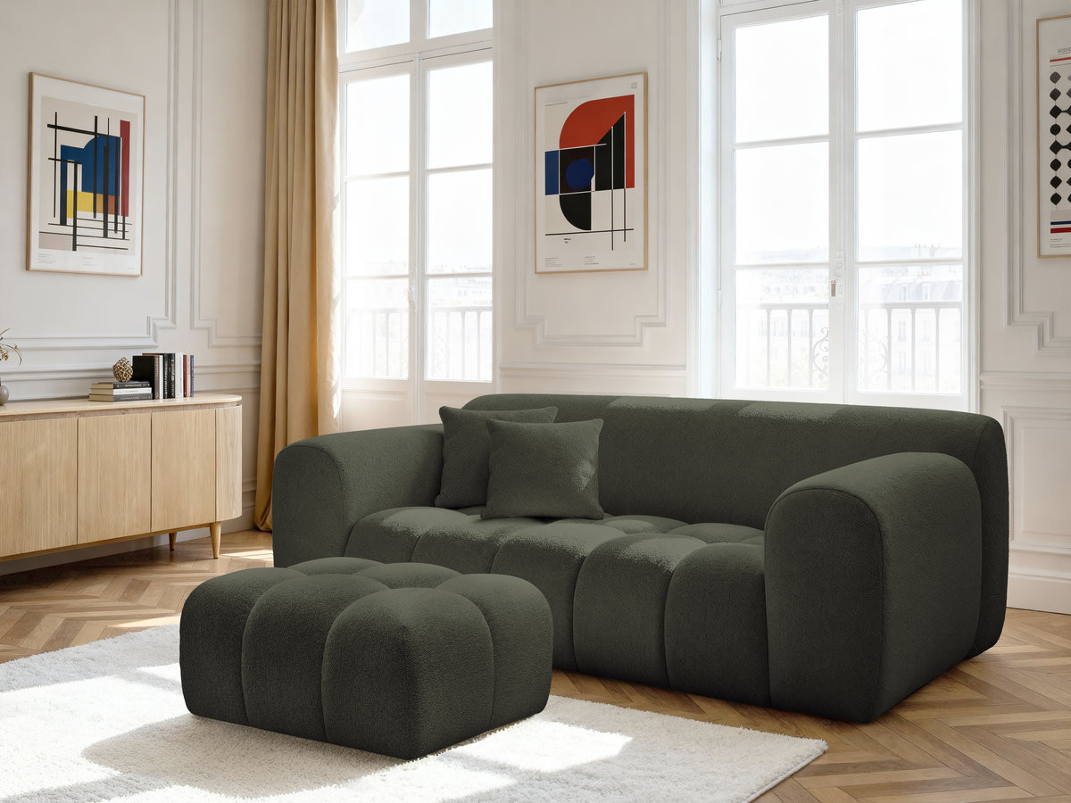 Bobochic Melisse Sofa 2-Sitzer mit Pouf Melange-Stoff Grün