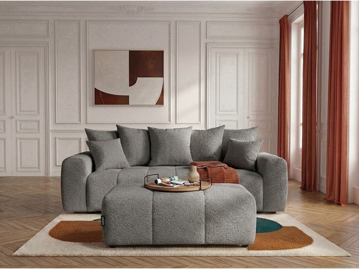 Bobochic Roxelane Schlafsofa 3-Sitzer mit Bettkasten und Pouf Bouclé-Stoff Dunkelgrau