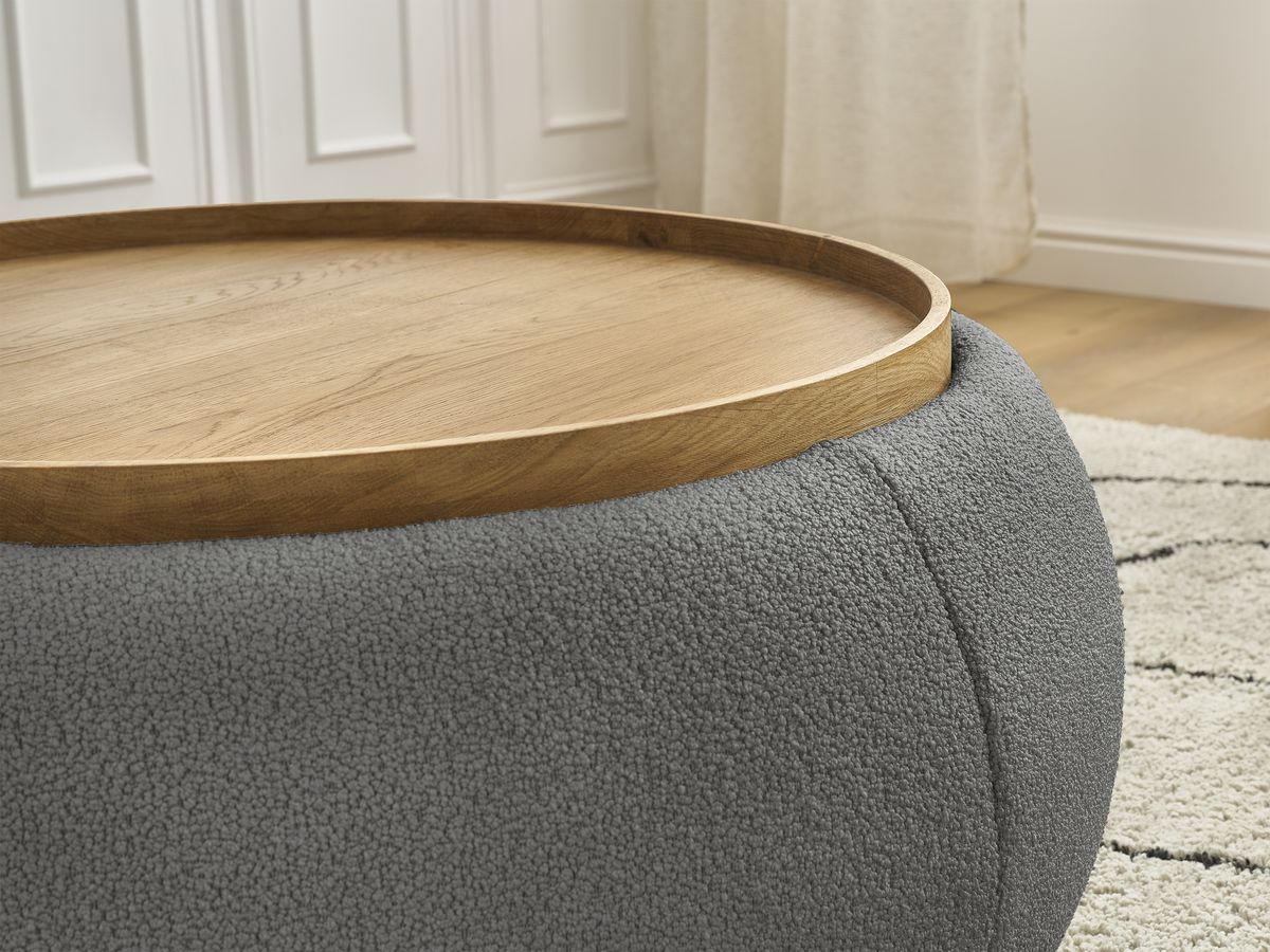 Bobochic Hayden Pouf mit Tablett, rund Bouclé-Stoff Dunkelgrau, 87 cm