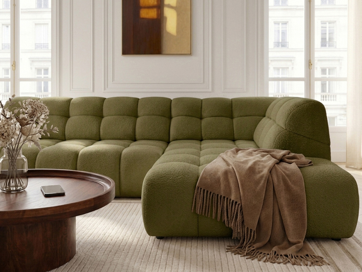 Bobochic Andre Ecksofa mit Schlaffunktion Chenille Grün Ecke rechts