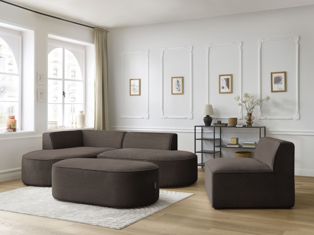 Bobochic Rousseau Ecksofa mit Sofamodul und Pouf Cordsamt Braun Ecke links