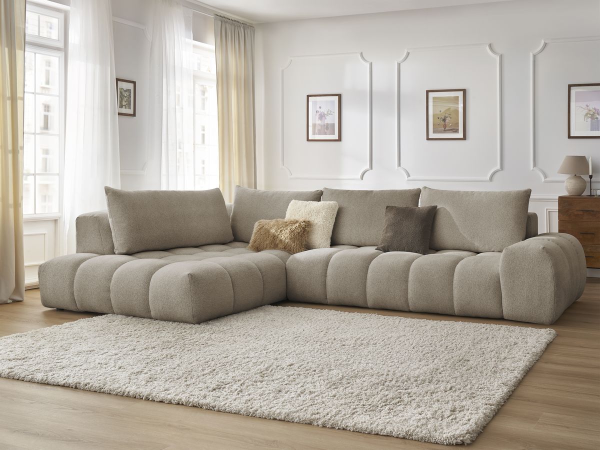Bobochic Everest Ecksofa, 4 Kissen Melange-Stoff Taupe Ecke links