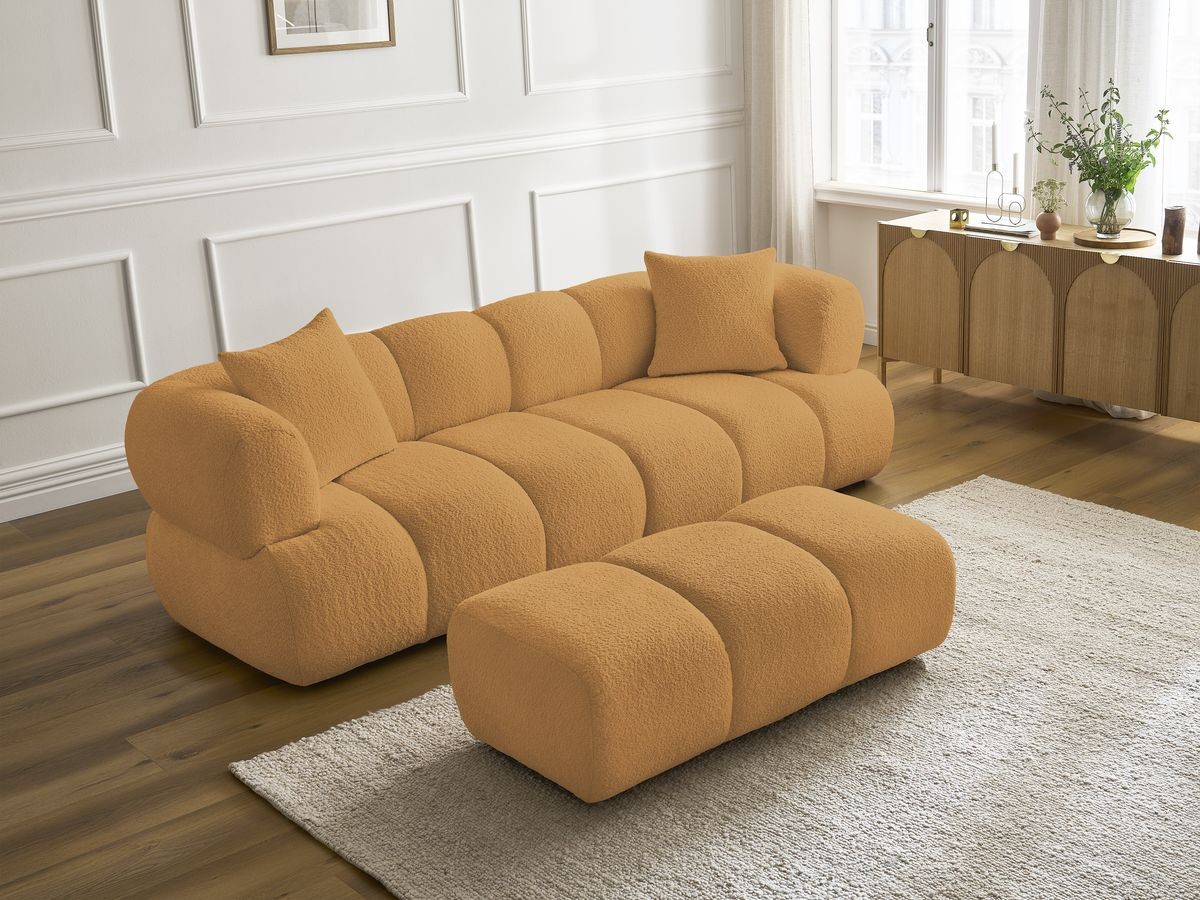 Bobochic Pamira Sofa 3-Sitzer mit Pouf Bouclé-Stoff Gelb