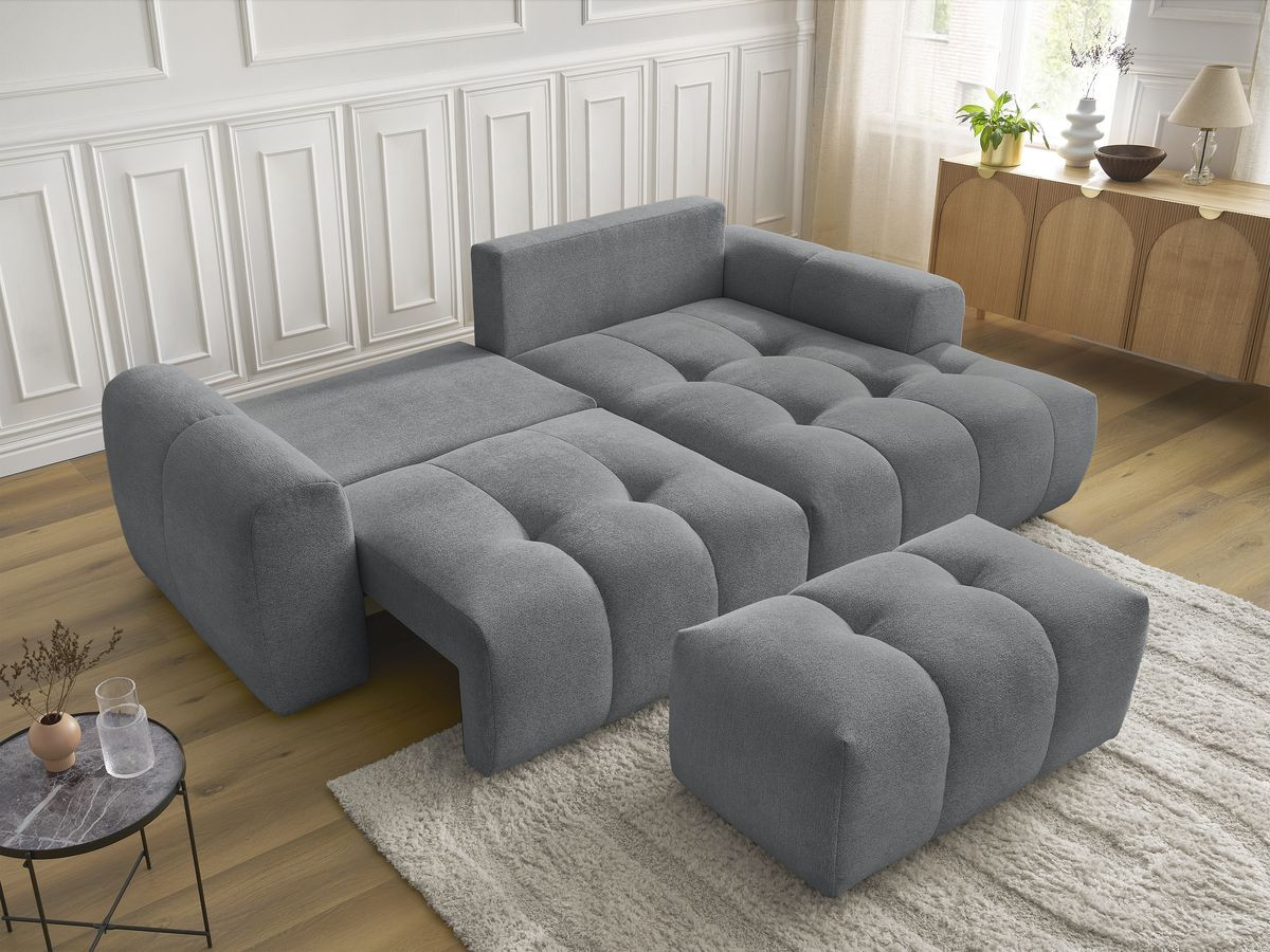 Bobochic Roxelane Ecksofa mit Schlaffunktion und Bettkasten und Pouf 258 × 150 cm Melange-Stoff Dunkelgrau Ecke rechts