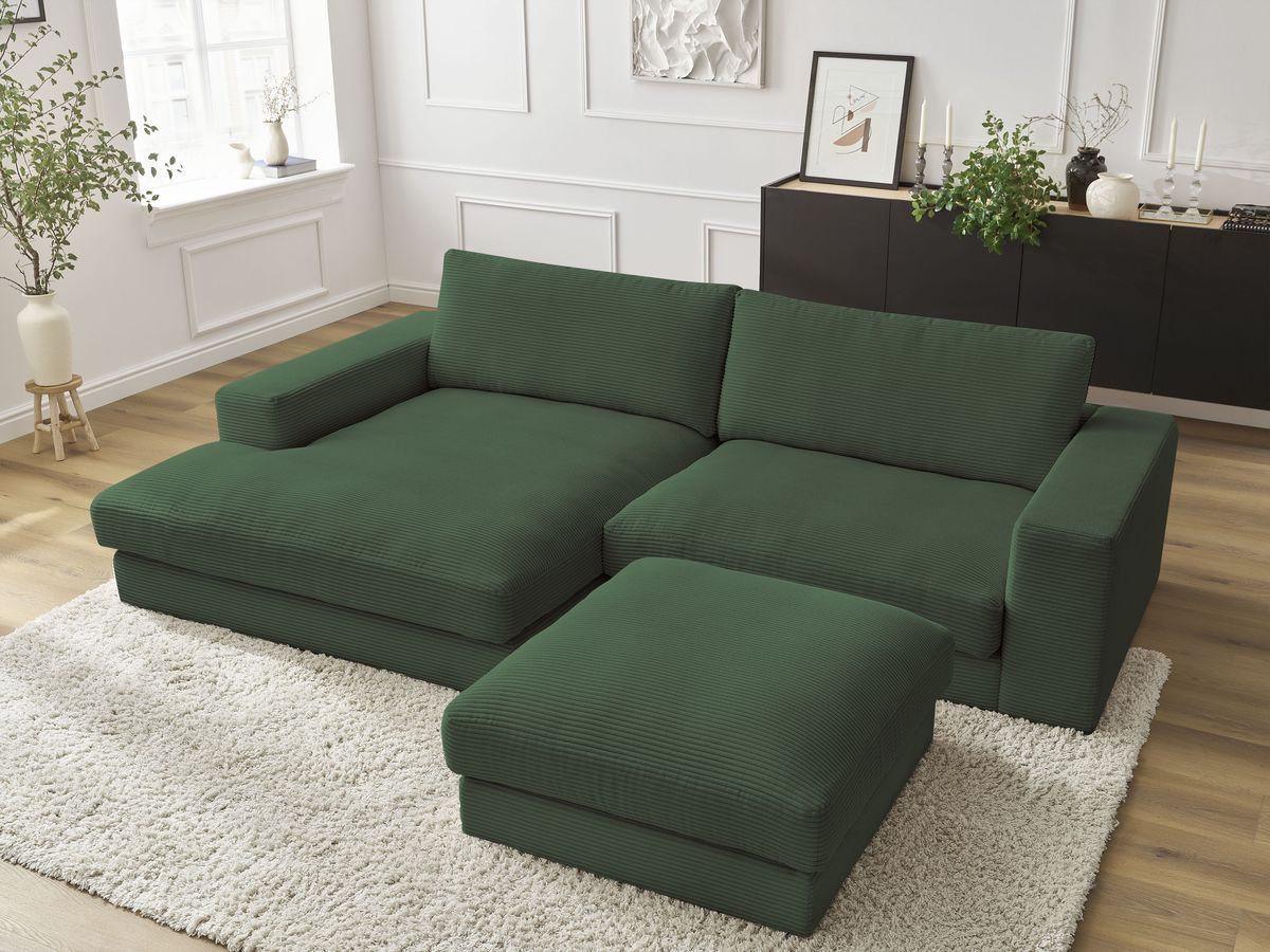 Bobochic Leonard Ecksofa mit Pouf 234 × 159 cm Cordsamt Dunkelgrün Ecke links