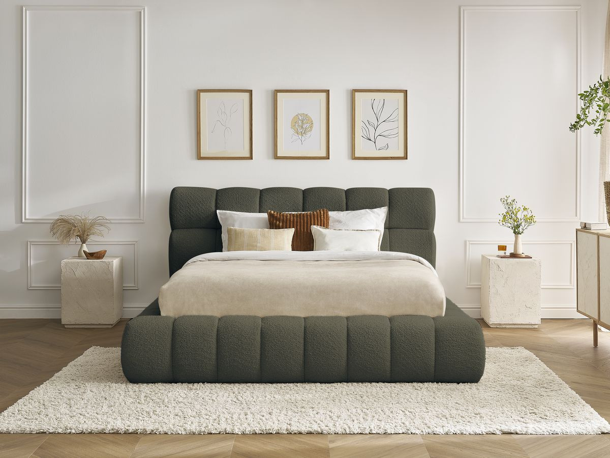 Bobochic Mont-blanc Polsterbett mit Bettkasten Bouclé-Stoff Grün, Liegefläche 140 × 190 cm