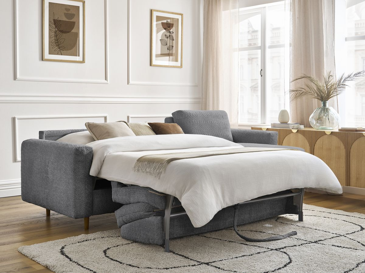 Bobochic Cocoone Ecksofa mit Schlaffunktion und Bettkasten Bouclé-Stoff Dunkelgrau, Liegefläche 140 × 200 cm