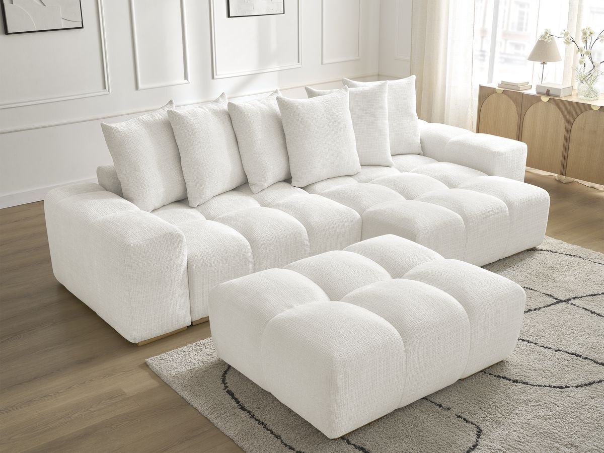 Bobochic Anakin Ecksofa mit Pouf, 6 Kissen Strukturstoff Weiß