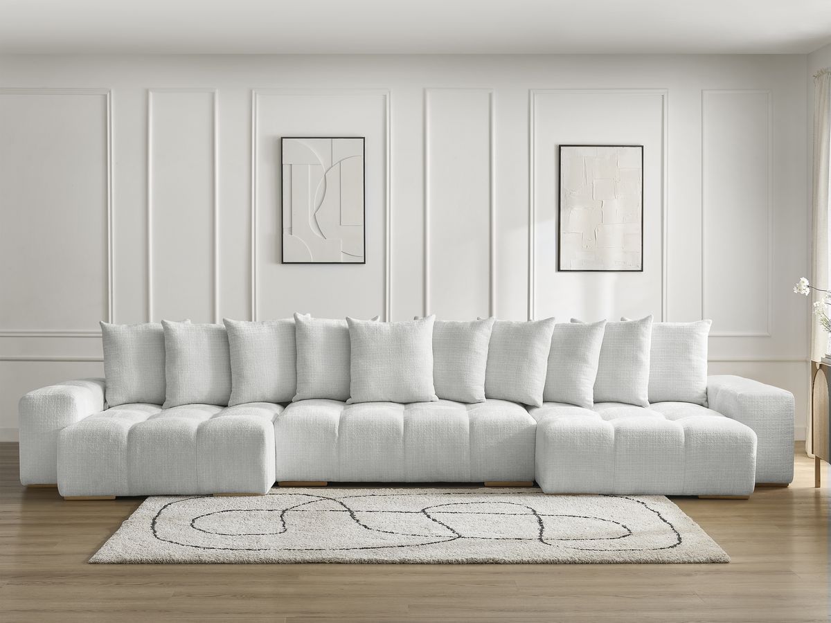 Bobochic Anakin Wohnlandschaft, Liegefläche 137 × 382 cm, 10 Kissen Strukturstoff Hellgrau