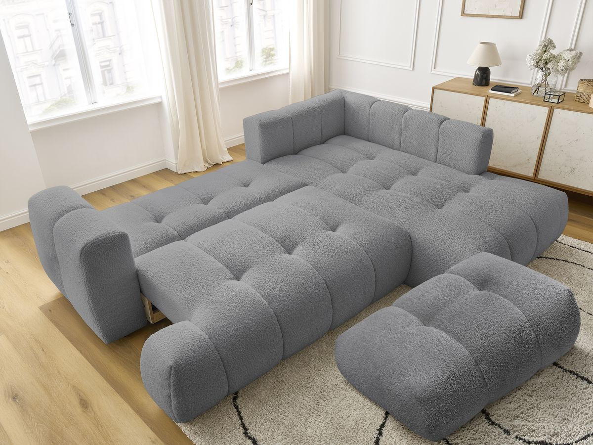 Bobochic Fuji Ecksofa mit Schlaffunktion und Bettkasten und Pouf 282 × 204 cm Bouclé-Stoff Dunkelgrau Ecke rechts