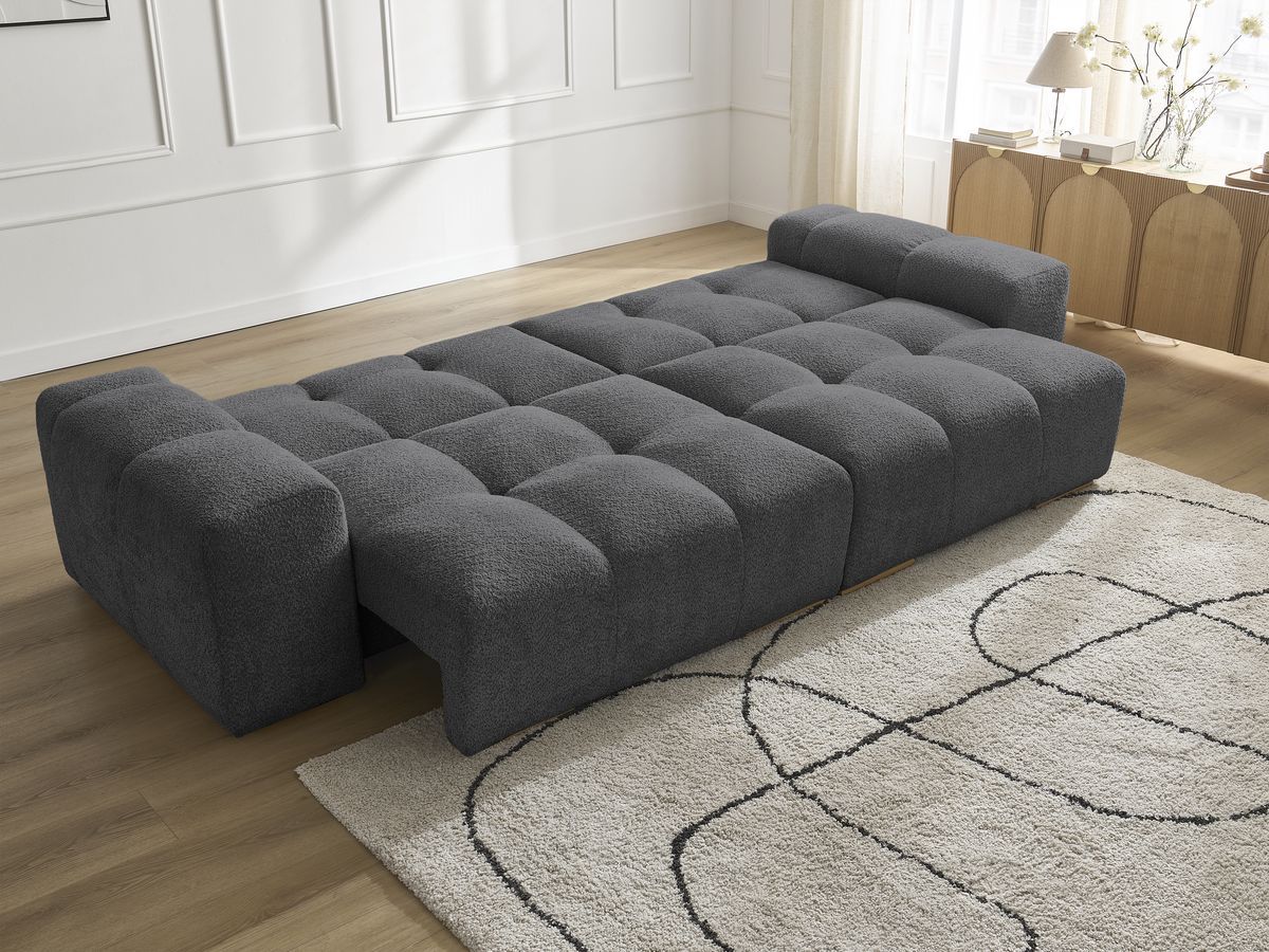 Bobochic Anakin Schlafsofa 3-Sitzer mit Bettkasten, 6 Kissen Bouclé-Stoff Dunkelgrau