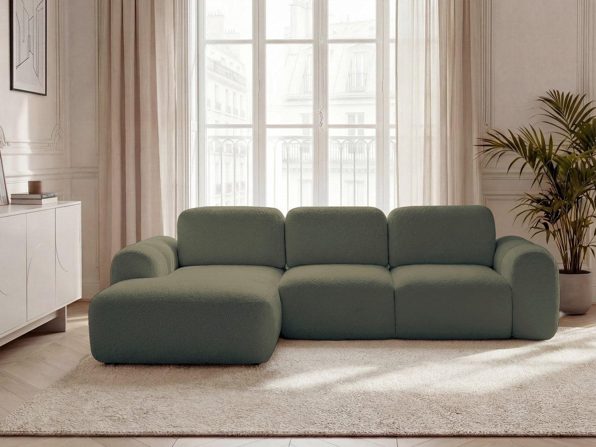 Bobochic Montaigne Ecksofa mit Schlaffunktion und Bettkasten 276 × 164 cm Bouclé-Stoff Grün Ecke links