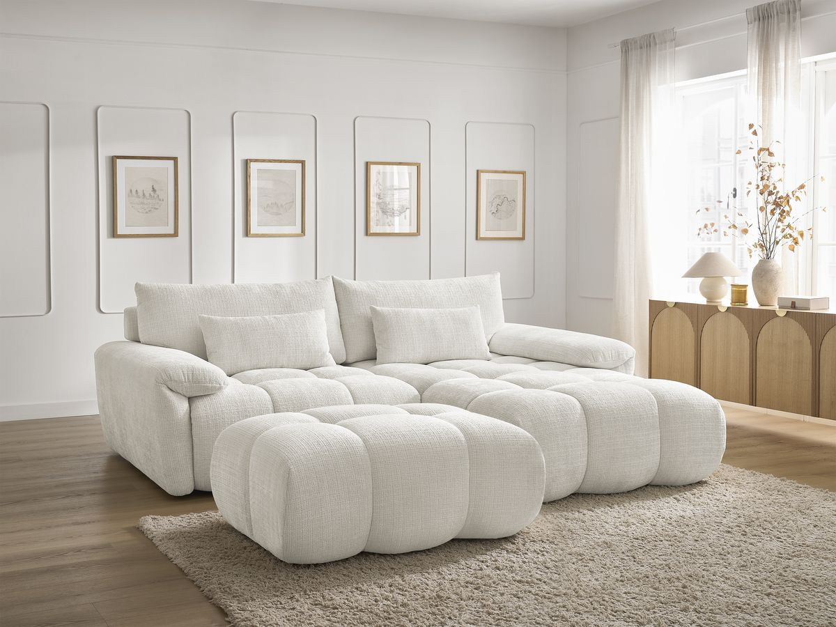 Bobochic Ivane Ecksofa mit Pouf Strukturstoff Weiß Ecke rechts