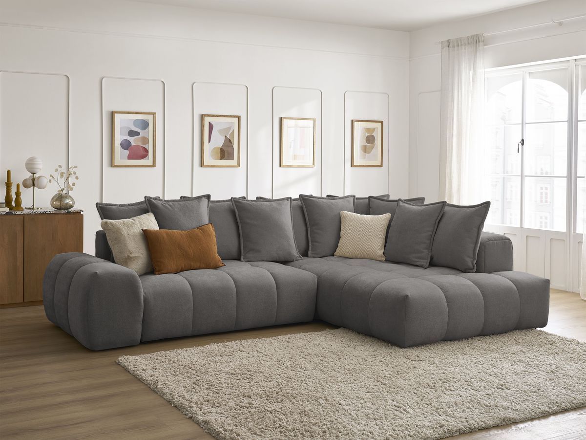 Bobochic Everest Ecksofa mit Schlaffunktion und Bettkasten 320 × 212 cm, 10 Kissen Strukturstoff Dunkelgrau Ecke rechts