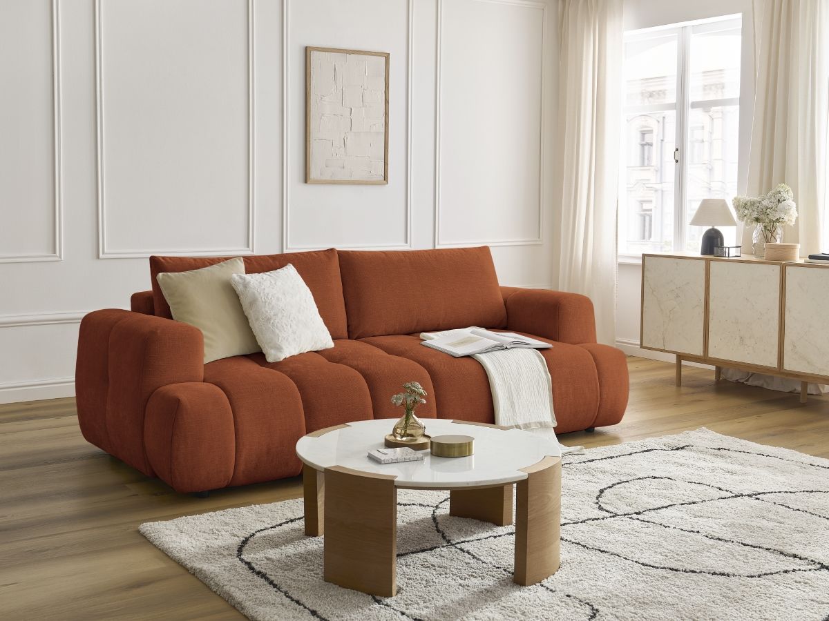 Bobochic Fuji Schlafsofa 3-Sitzer mit Bettkasten Stoff Orange