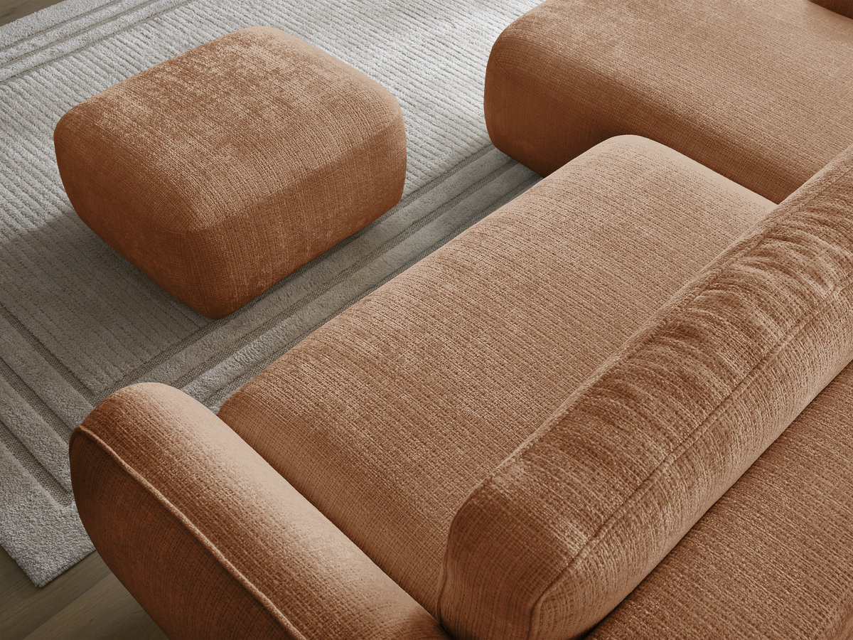 Bobochic Denise Ecksofa mit Schlaffunktion und Bettkasten und Pouf 258 × 160 cm Strukturstoff Orange Ecke links