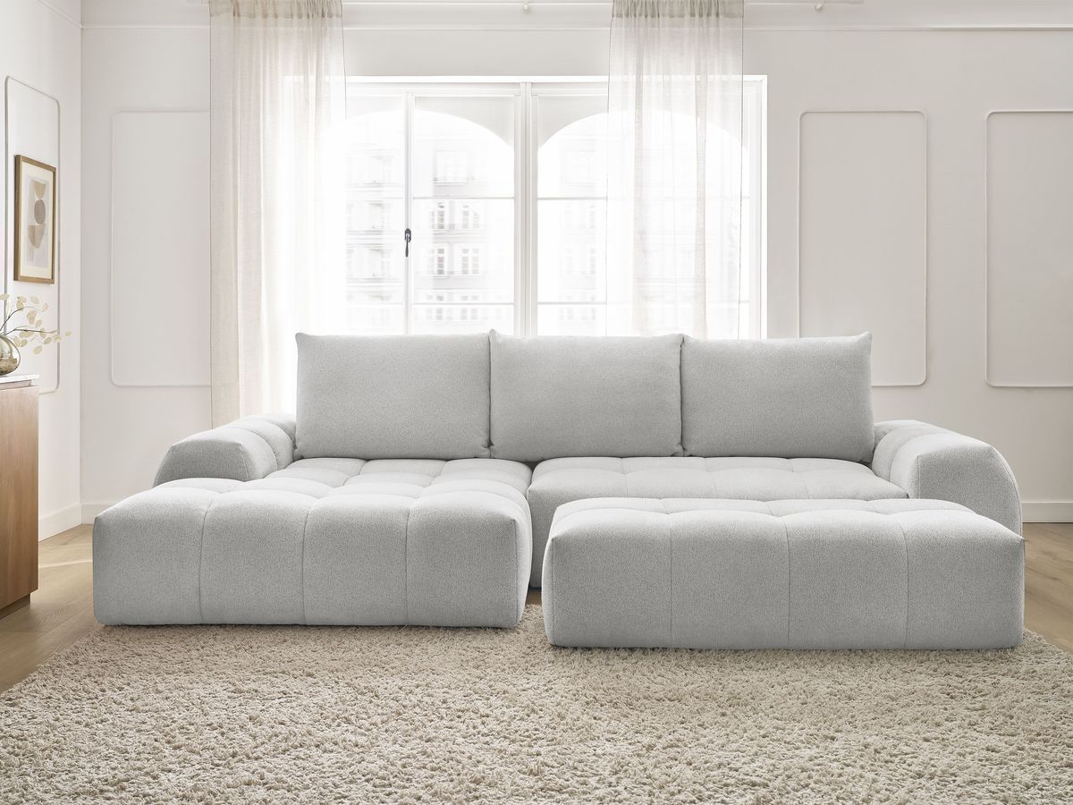 Bobochic Everest Ecksofa mit Schlaffunktion und Bettkasten und Pouf 318 × 180 cm, 3 Kissen Melange-Stoff Hellgrau Ecke links